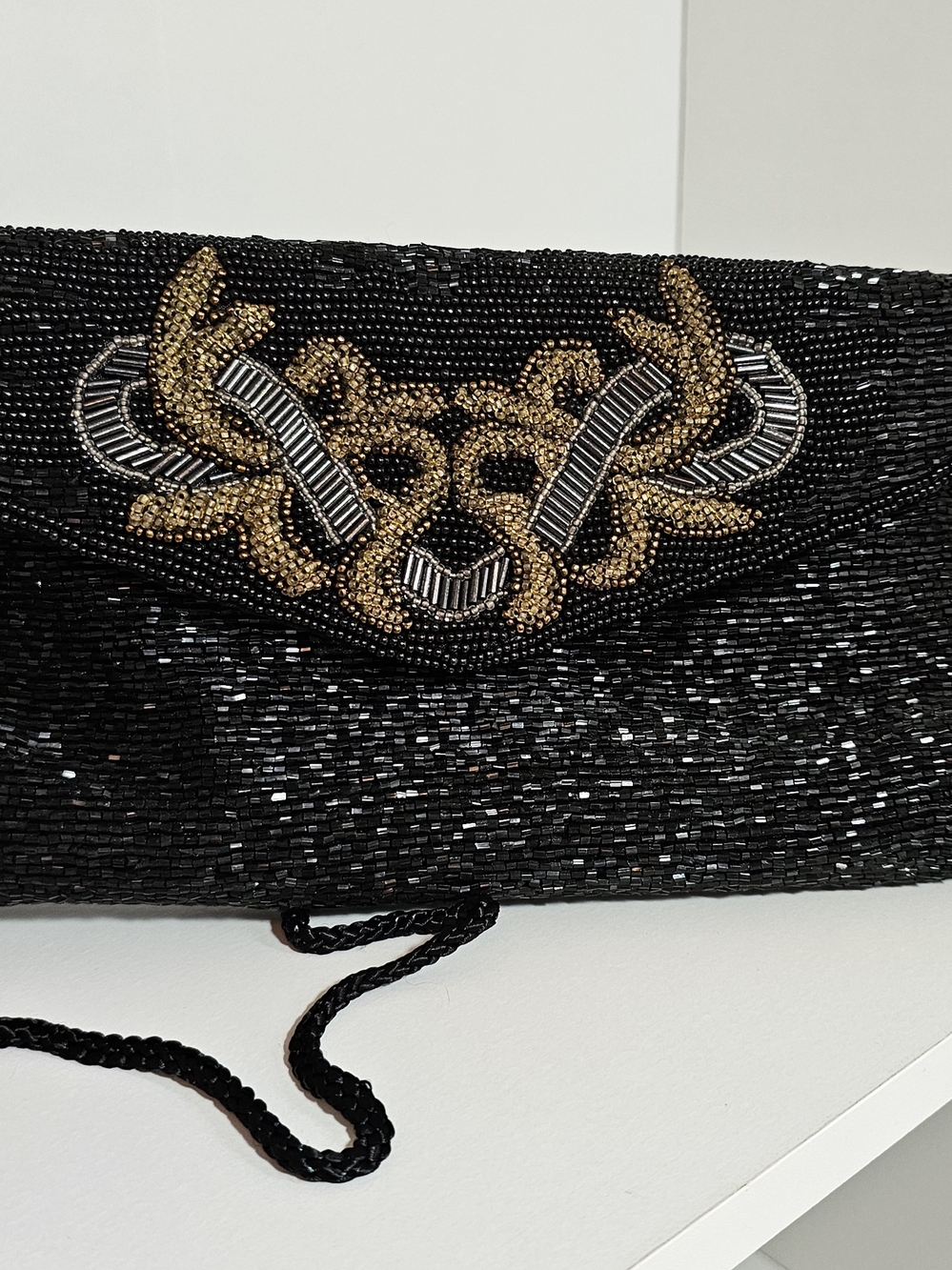 Valerie Stevens Black Beaded Evening Clutch with Gold & Silver Accents